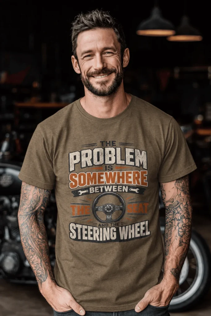 Driving Humor T-Shirt — "The Problem Is Somewhere Between The Seat And The Steering Wheel" — heather-olive t-shirt, model photo | Pressure Tested Co