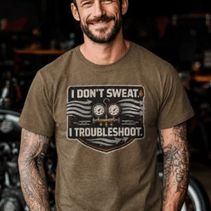 HVAC Tech T-Shirt – "I Don't Sweat. I Troubleshoot." Retro Tech Shirt — heather-olive t-shirt, model photo | Pressure Tested Co