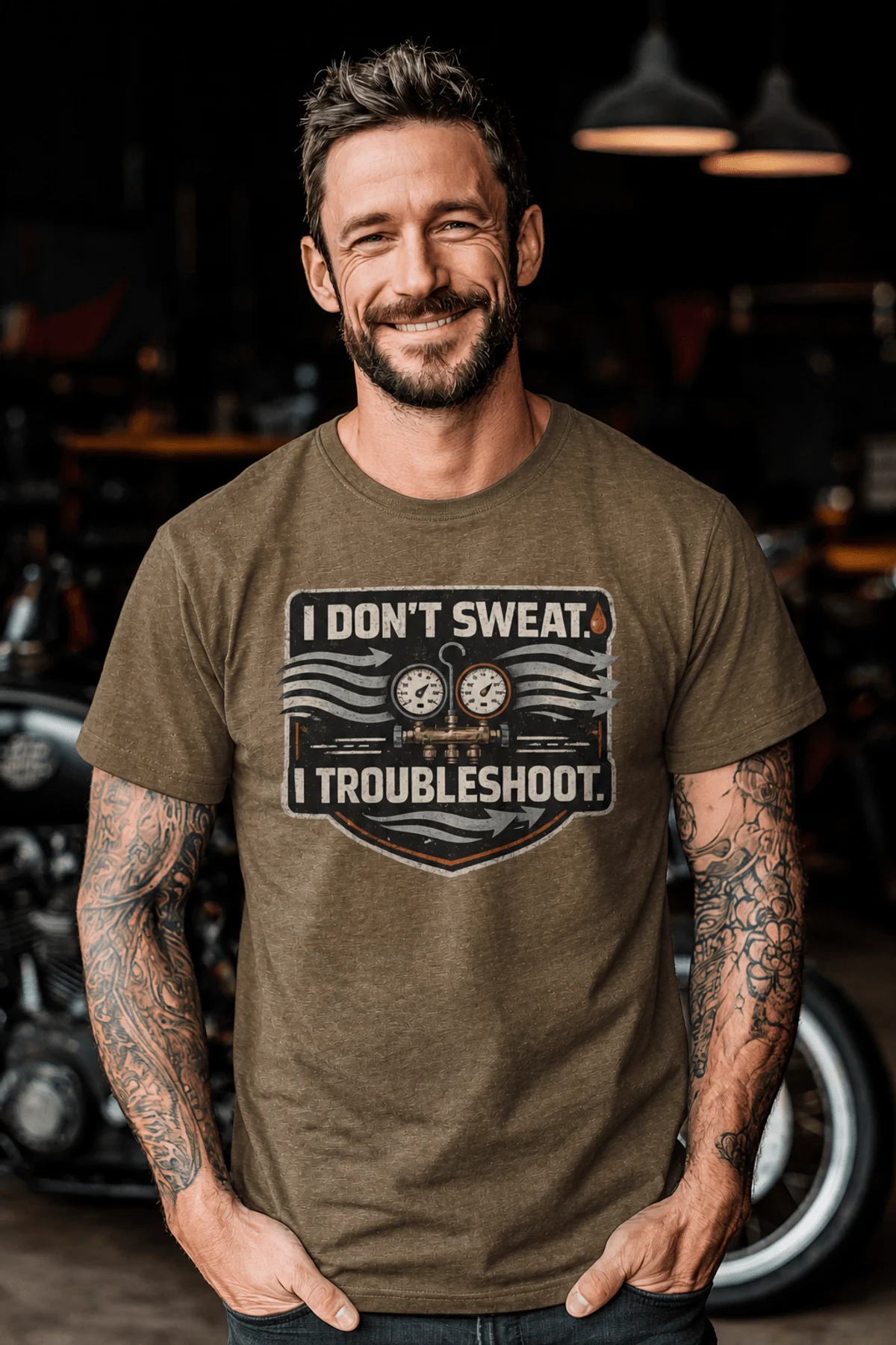 HVAC Tech T-Shirt – "I Don't Sweat. I Troubleshoot." Retro Tech Shirt — heather-olive t-shirt, model photo | Pressure Tested Co