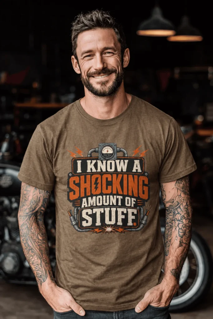 I Know A Shocking Amount Of Stuff T-Shirt — Electrician Science Humorous Tee — heather-olive t-shirt, model photo | Pressure Tested Co