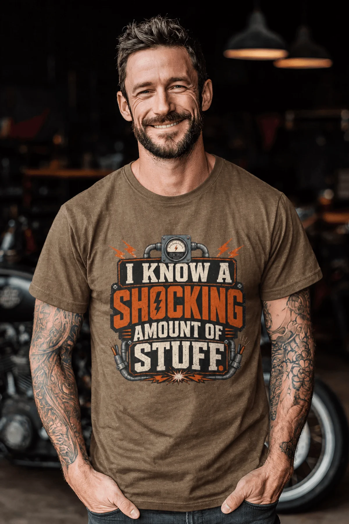 I Know A Shocking Amount Of Stuff T-Shirt — Electrician Science Humorous Tee — heather-olive t-shirt, model photo | Pressure Tested Co