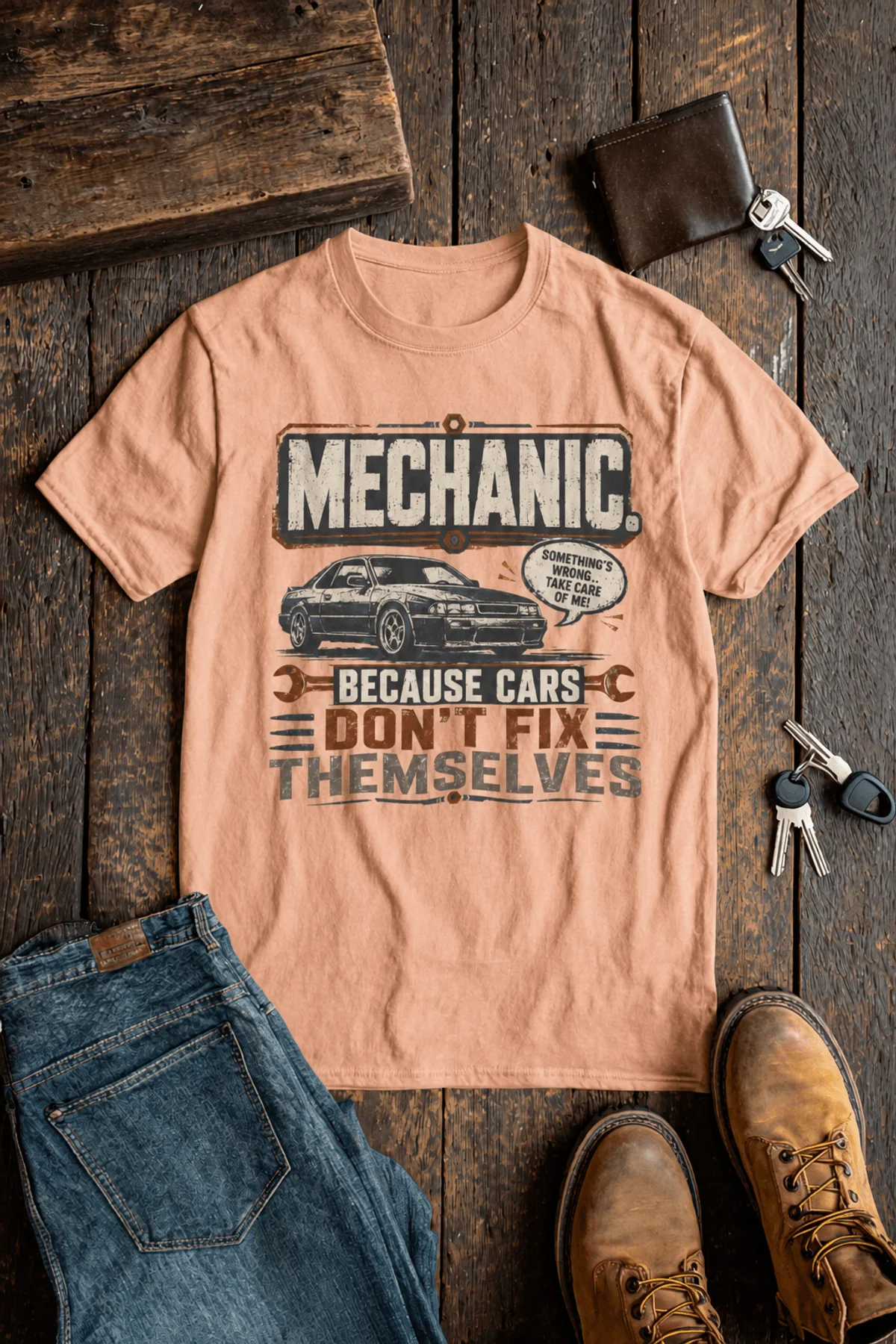 Mechanic Tee — "Mechanic. Because Cars Don't Fix Themselves" Funny Vintage Auto Technician Repair Shirt — heather-peach t-shirt, flat-lay product photo | Pressure Tested Co
