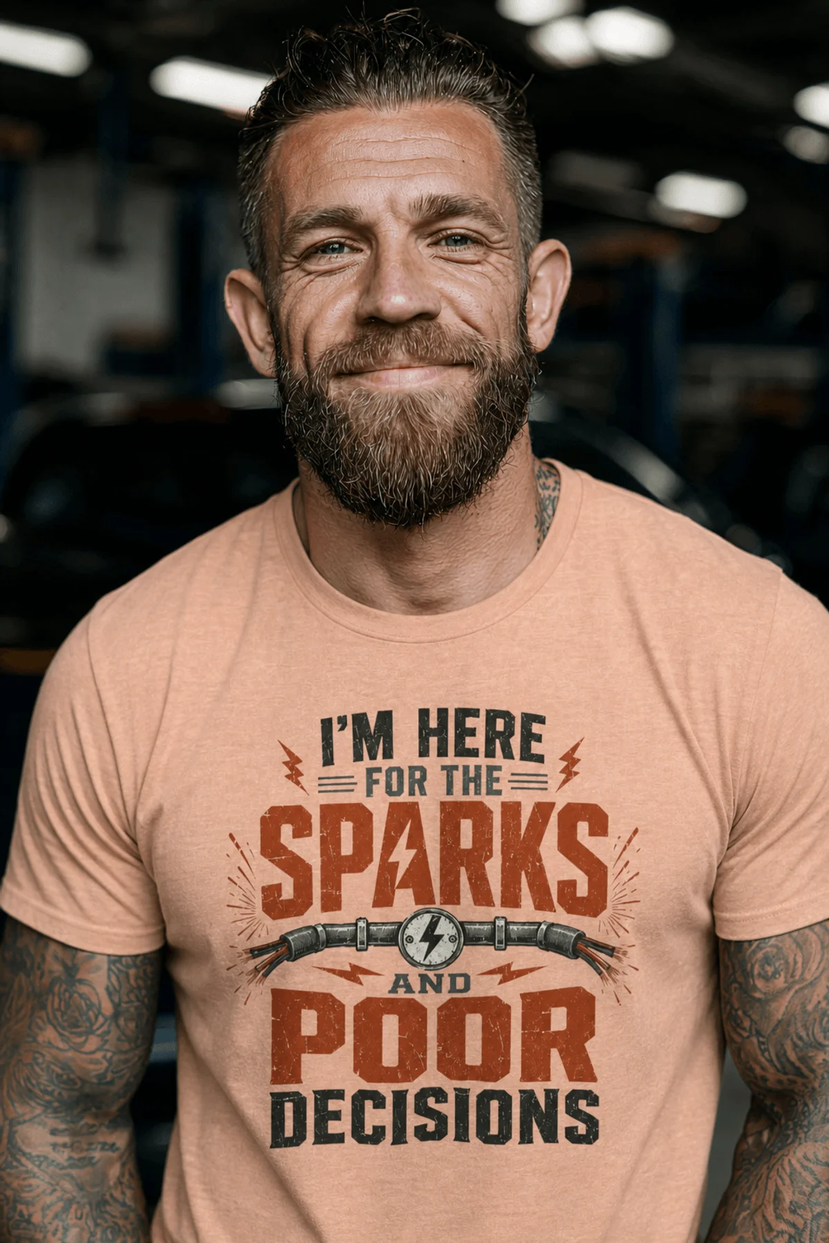 Sparks and Poor Decisions Tee — Funny Electrician/Party Graphic T-Shirt — heather-peach t-shirt, model photo | Pressure Tested Co
