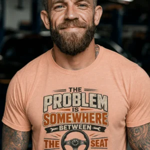 Driving Humor T-Shirt — "The Problem Is Somewhere Between The Seat And The Steering Wheel" — heather-peach t-shirt, model photo | Pressure Tested Co