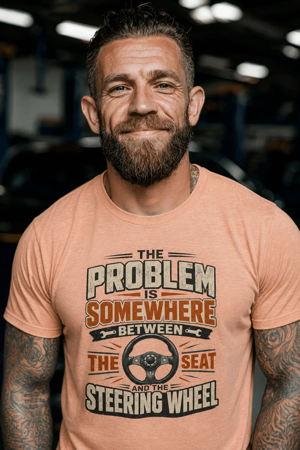 Driving Humor T-Shirt — "The Problem Is Somewhere Between The Seat And The Steering Wheel" — heather-peach t-shirt, model photo | Pressure Tested Co