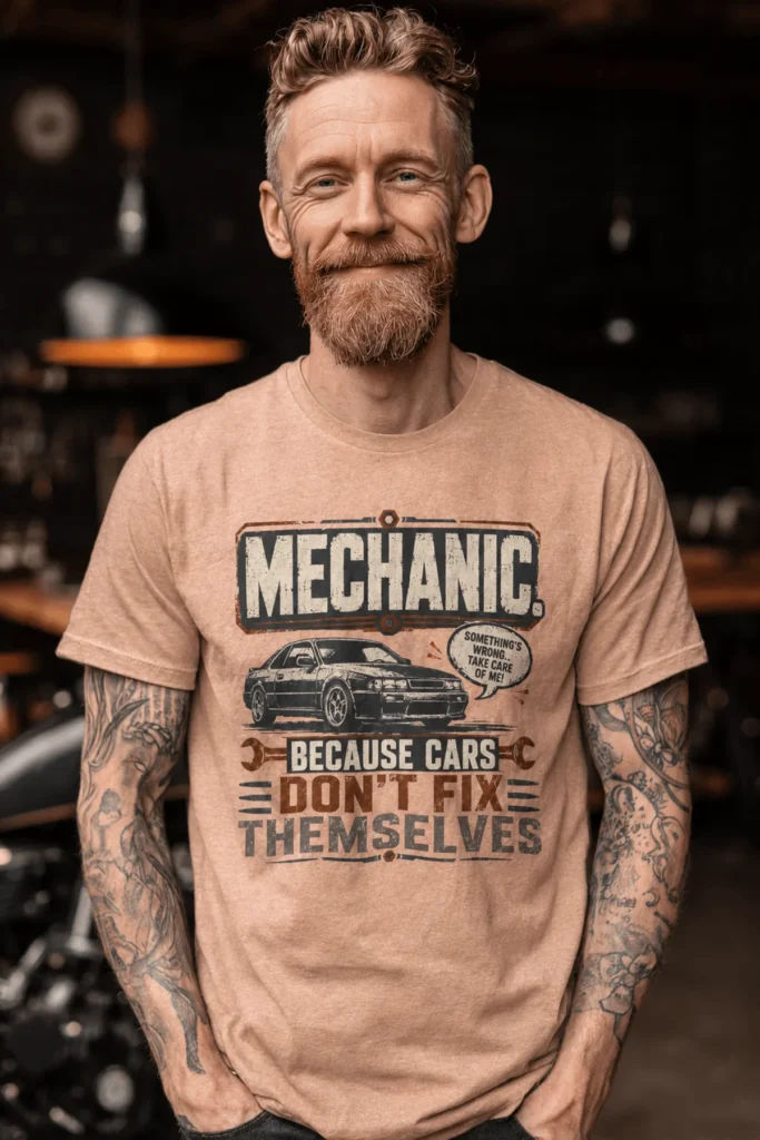 Mechanic Tee — "Mechanic. Because Cars Don't Fix Themselves" Funny Vintage Auto Technician Repair Shirt — heather-peach t-shirt, model photo | Pressure Tested Co