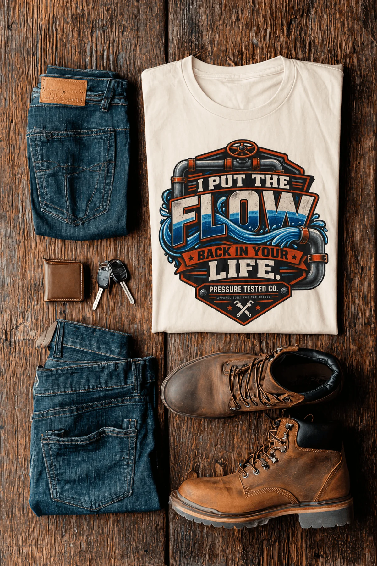 'I Put The Flow Back Into Your Life.' T-Shirt — Funny Retro Industrial Plumber's Tee — ivory t-shirt, flat-lay product photo | Pressure Tested Co