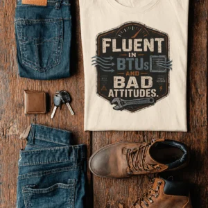 HVAC Tech T‑Shirt – "Fluent In BTUs And Bad Attitudes" — ivory t-shirt, flat-lay product photo | Pressure Tested Co