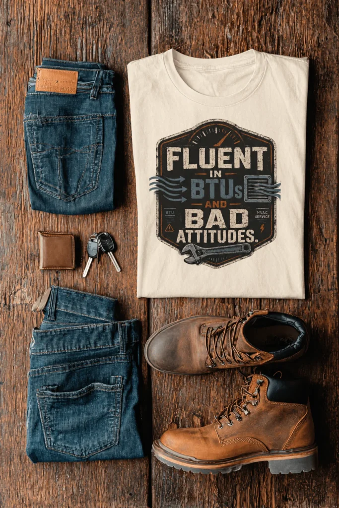 HVAC Tech T‑Shirt – "Fluent In BTUs And Bad Attitudes" — ivory t-shirt, flat-lay product photo | Pressure Tested Co