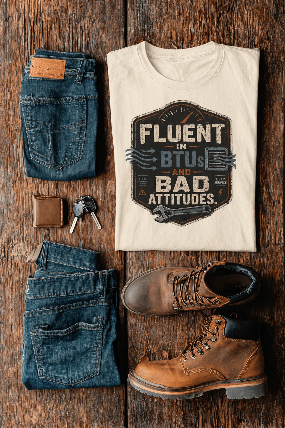 HVAC Tech T‑Shirt – "Fluent In BTUs And Bad Attitudes" — ivory t-shirt, flat-lay product photo | Pressure Tested Co