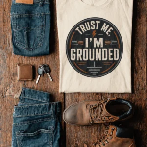 Grounded T‑Shirt – "Trust Me I'm Grounded" Electrical Tech Tee — ivory t-shirt, flat-lay product photo | Pressure Tested Co