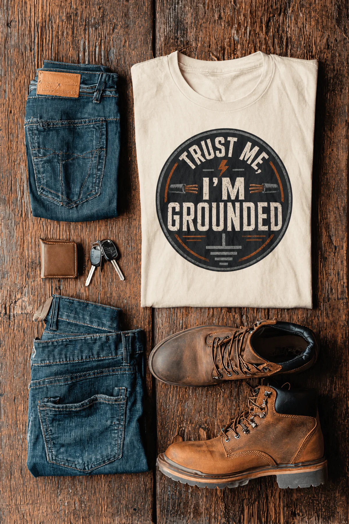 Grounded T‑Shirt – "Trust Me I'm Grounded" Electrical Tech Tee — ivory t-shirt, flat-lay product photo | Pressure Tested Co
