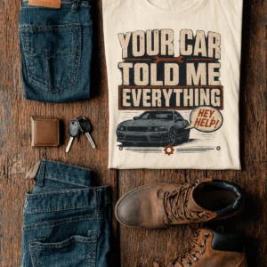 Mechanic T‑Shirt – "Your Car Told Me Everything" Vintage Graphic Design Tee — ivory t-shirt, flat-lay product photo | Pressure Tested Co