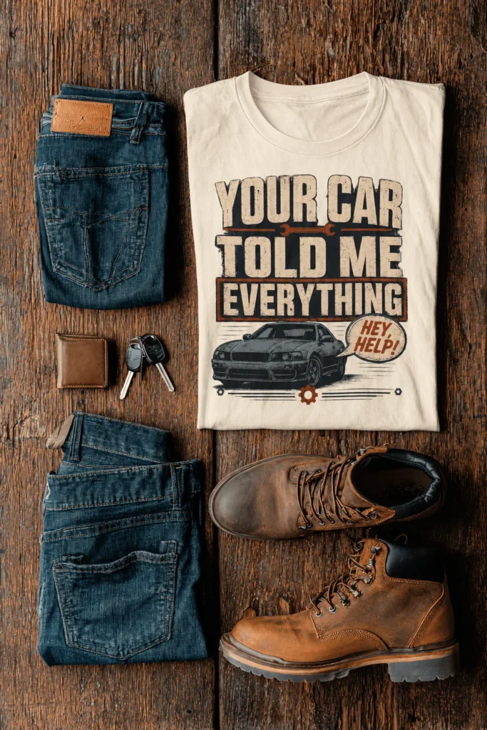Mechanic T‑Shirt – "Your Car Told Me Everything" Vintage Graphic Design Tee — ivory t-shirt, flat-lay product photo | Pressure Tested Co