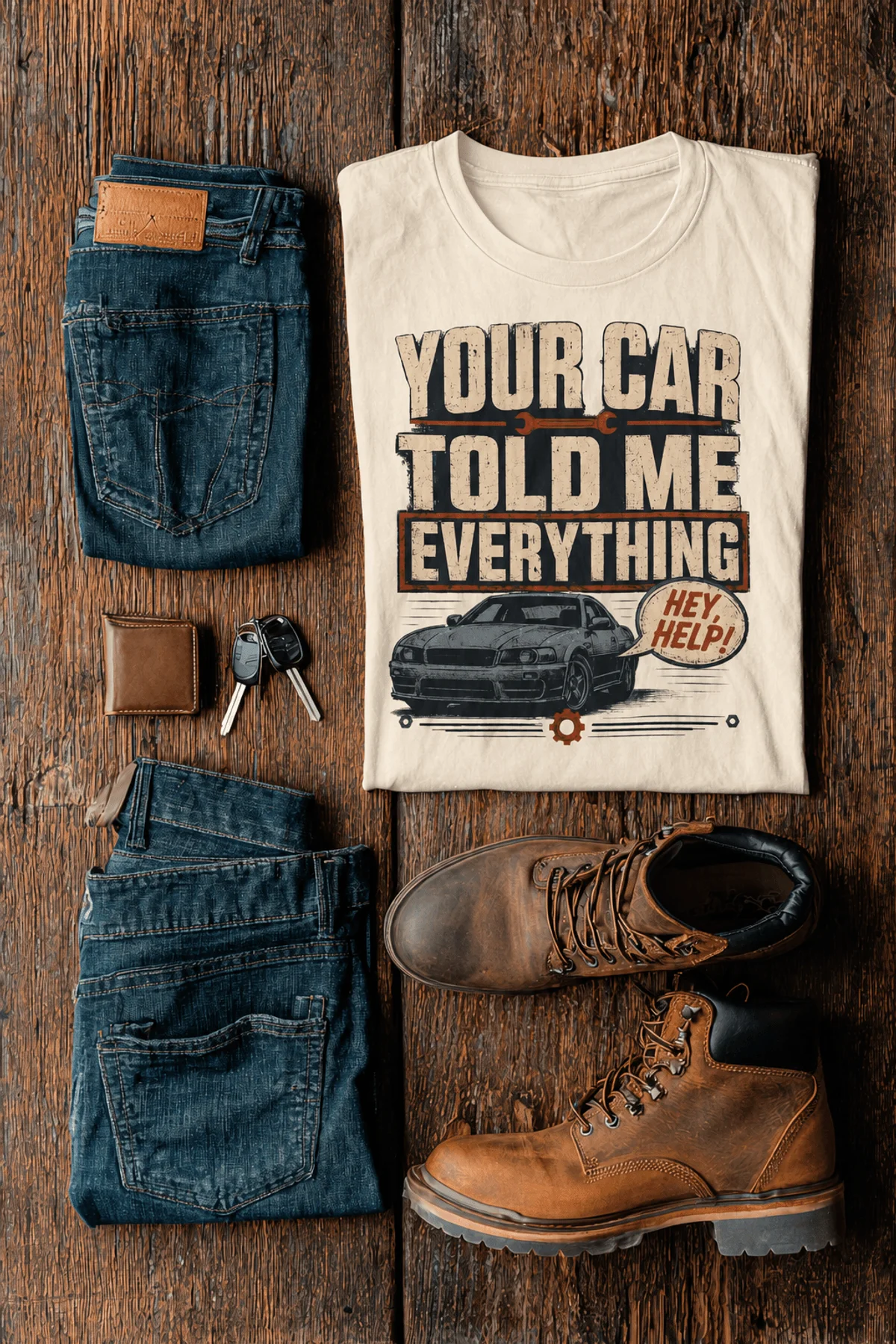 Mechanic T‑Shirt – "Your Car Told Me Everything" Vintage Graphic Design Tee — ivory t-shirt, flat-lay product photo | Pressure Tested Co