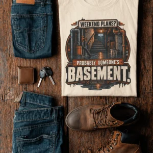 Plumber T‑Shirt – "Weekend Plans? Probably Someone's Basement" Vintage Graphic Design Tee — ivory t-shirt, flat-lay product photo | Pressure Tested Co