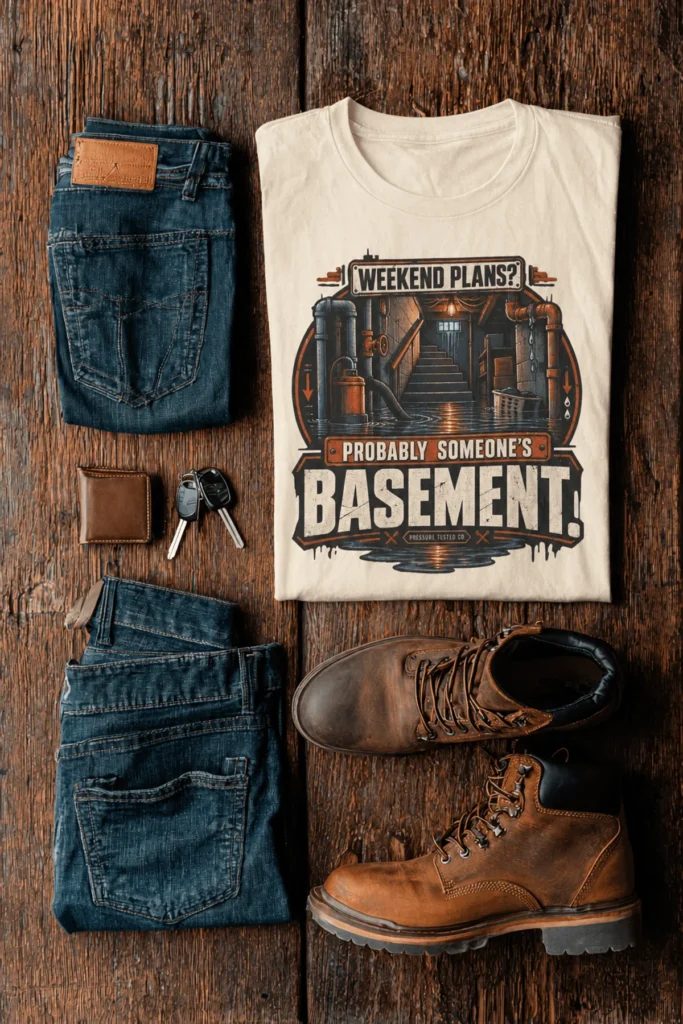 Plumber T‑Shirt – "Weekend Plans? Probably Someone's Basement" Vintage Graphic Design Tee — ivory t-shirt, flat-lay product photo | Pressure Tested Co