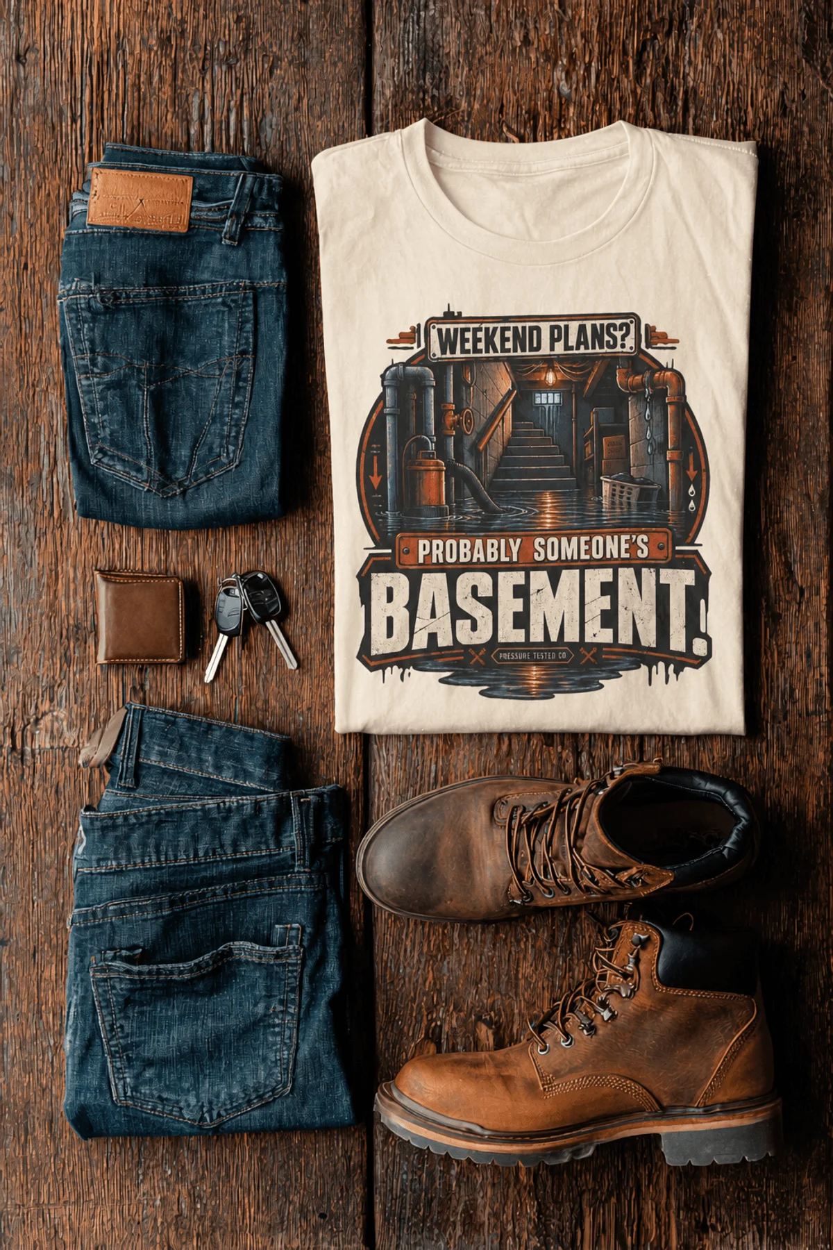 Plumber T‑Shirt – "Weekend Plans? Probably Someone's Basement" Vintage Graphic Design Tee — ivory t-shirt, flat-lay product photo | Pressure Tested Co