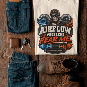 Airflow Problems Fear Me T-Shirt — HVAC Technician Skull Logo Tee — ivory t-shirt, flat-lay product photo | Pressure Tested Co