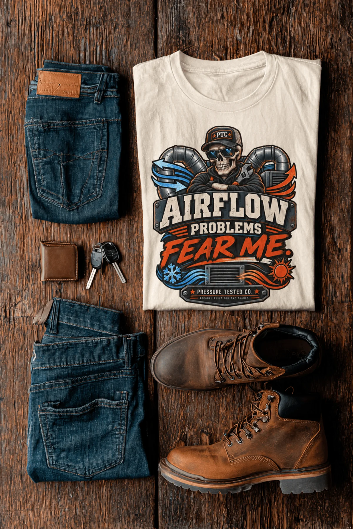 Airflow Problems Fear Me T-Shirt — HVAC Technician Skull Logo Tee — ivory t-shirt, flat-lay product photo | Pressure Tested Co