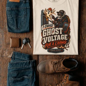 Ghost Voltage T-Shirt — 'I Chase Ghost Voltage for a Living' Vintage Electrician Tee — ivory t-shirt, flat-lay product photo | Pressure Tested Co