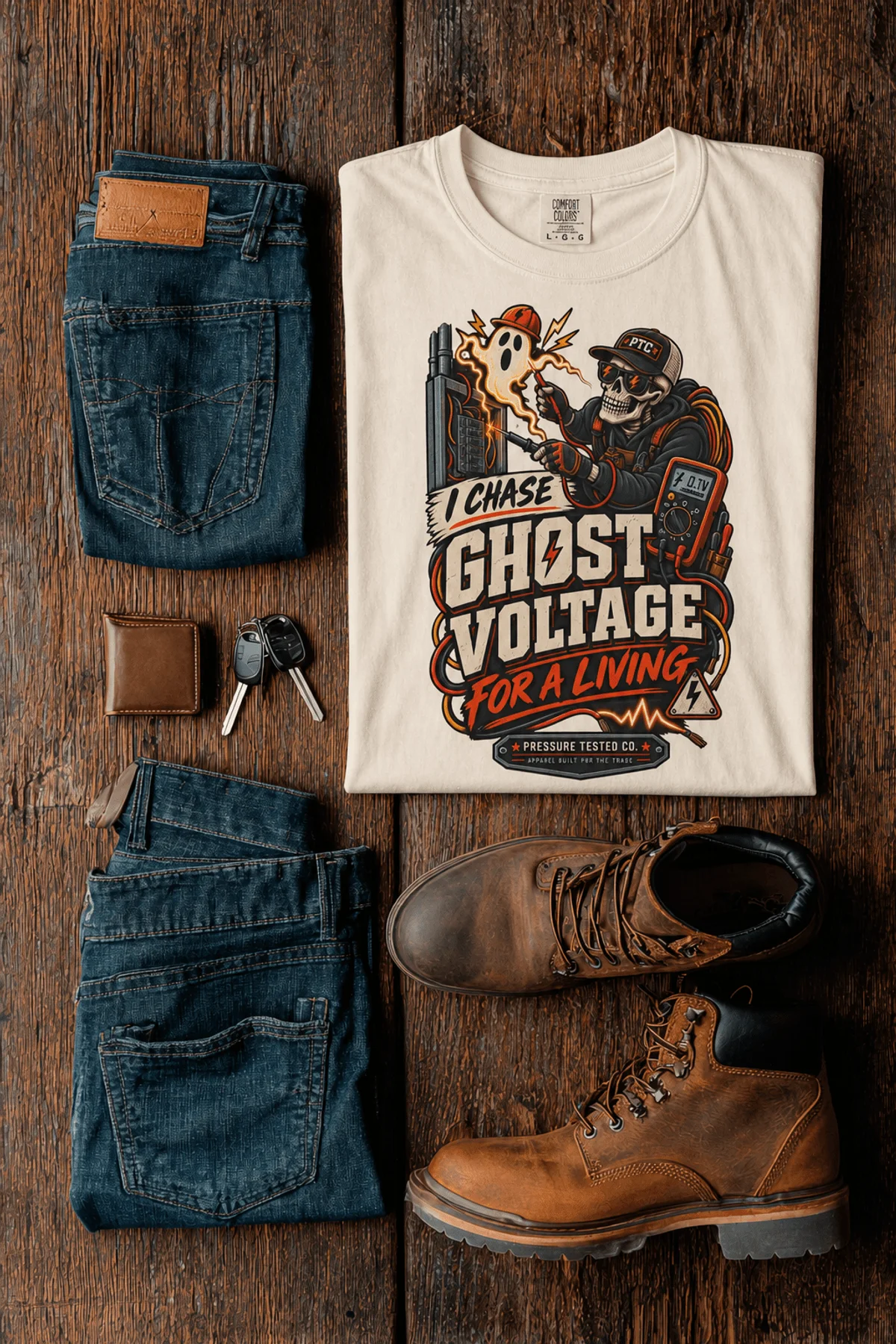 Ghost Voltage T-Shirt — 'I Chase Ghost Voltage for a Living' Vintage Electrician Tee — ivory t-shirt, flat-lay product photo | Pressure Tested Co