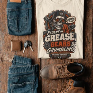 Mechanic Skull T-Shirt — "Fluent in Grease, Gears and Grumbling" Graphic Tee — ivory t-shirt, flat-lay product photo | Pressure Tested Co