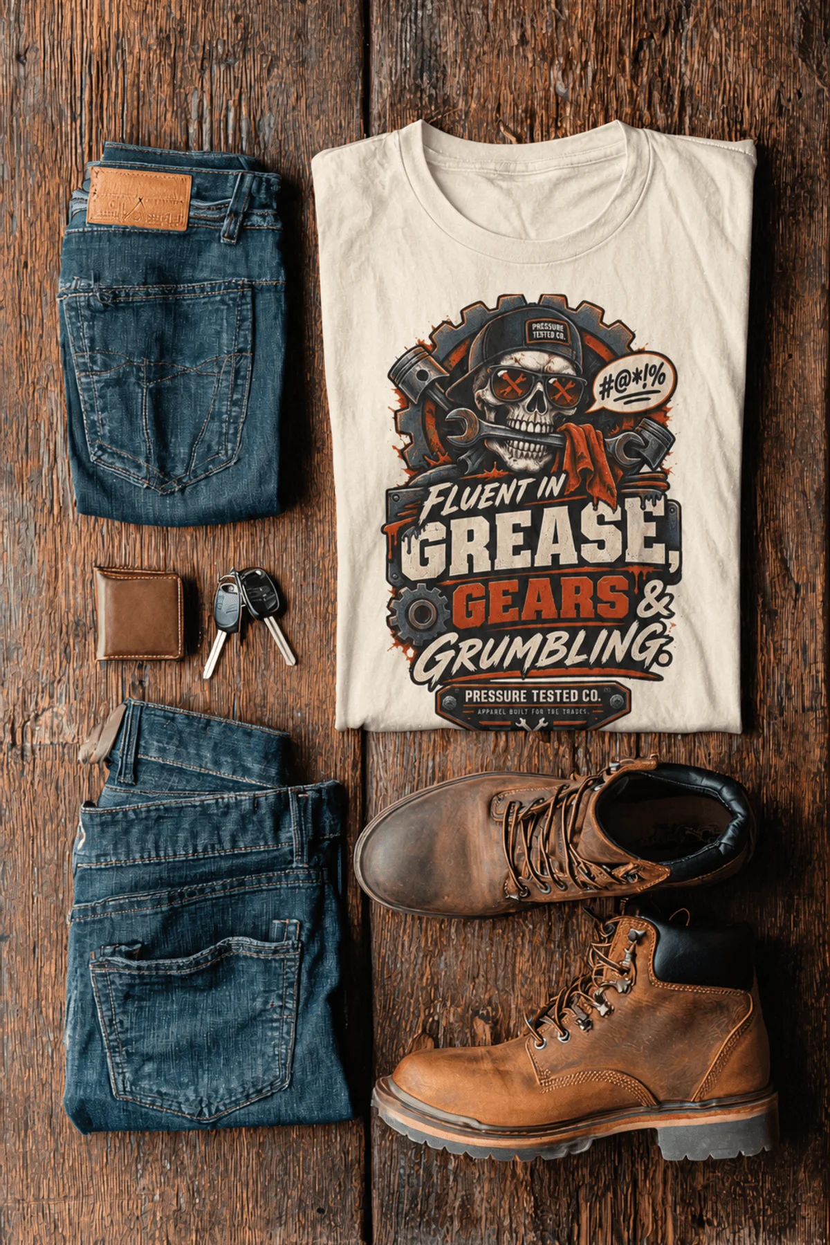 Mechanic Skull T-Shirt — "Fluent in Grease, Gears and Grumbling" Graphic Tee — ivory t-shirt, flat-lay product photo | Pressure Tested Co