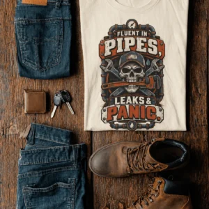 Plumber Skull T-Shirt — "Fluent in Pipes, Leaks and Panic" Workwear Tee — ivory t-shirt, flat-lay product photo | Pressure Tested Co