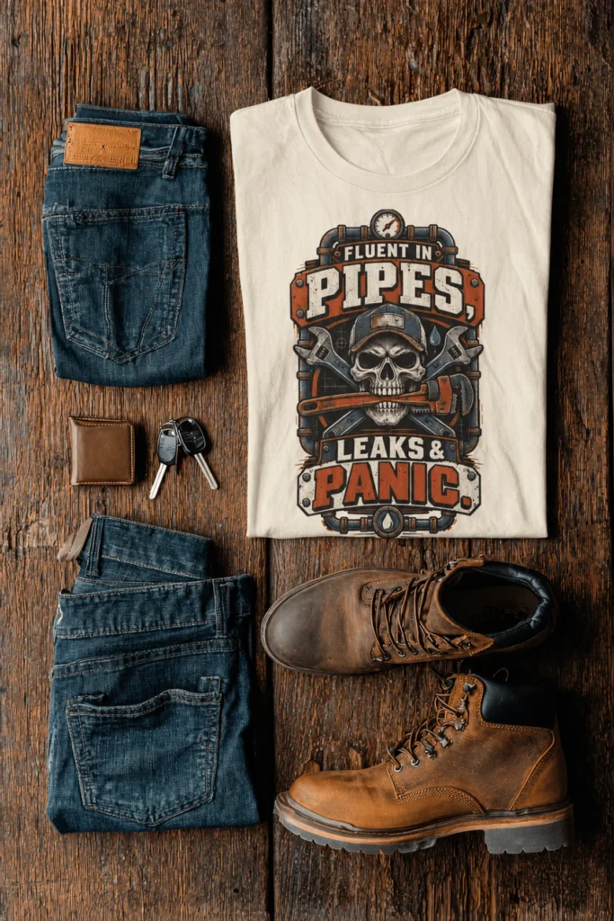 Plumber Skull T-Shirt — "Fluent in Pipes, Leaks and Panic" Workwear Tee — ivory t-shirt, flat-lay product photo | Pressure Tested Co