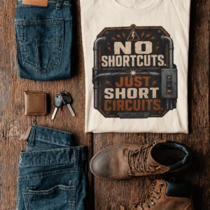 No Shortcuts Just Short Circuits T-Shirt — Funny Retro Industrial Electrician Tee — ivory t-shirt, flat-lay product photo | Pressure Tested Co