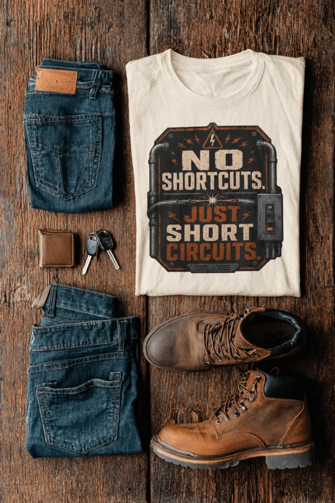 No Shortcuts Just Short Circuits T-Shirt — Funny Retro Industrial Electrician Tee — ivory t-shirt, flat-lay product photo | Pressure Tested Co