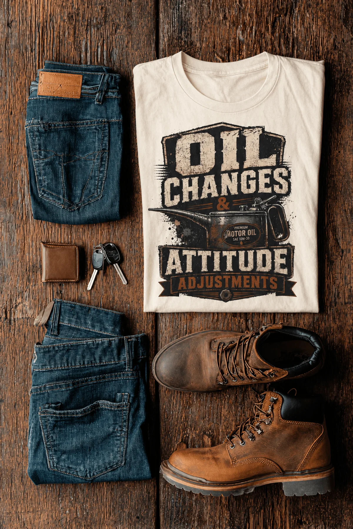 'Oil Changes and Attitude Adjustments' T-Shirt — Funny Retro Industrial Mechanic's Tee — ivory t-shirt, flat-lay product photo | Pressure Tested Co