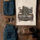 T-Shirt — "Filter First. Ask Questions Later." HVAC Air Filter Graphic — ivory t-shirt, flat-lay product photo | Pressure Tested Co