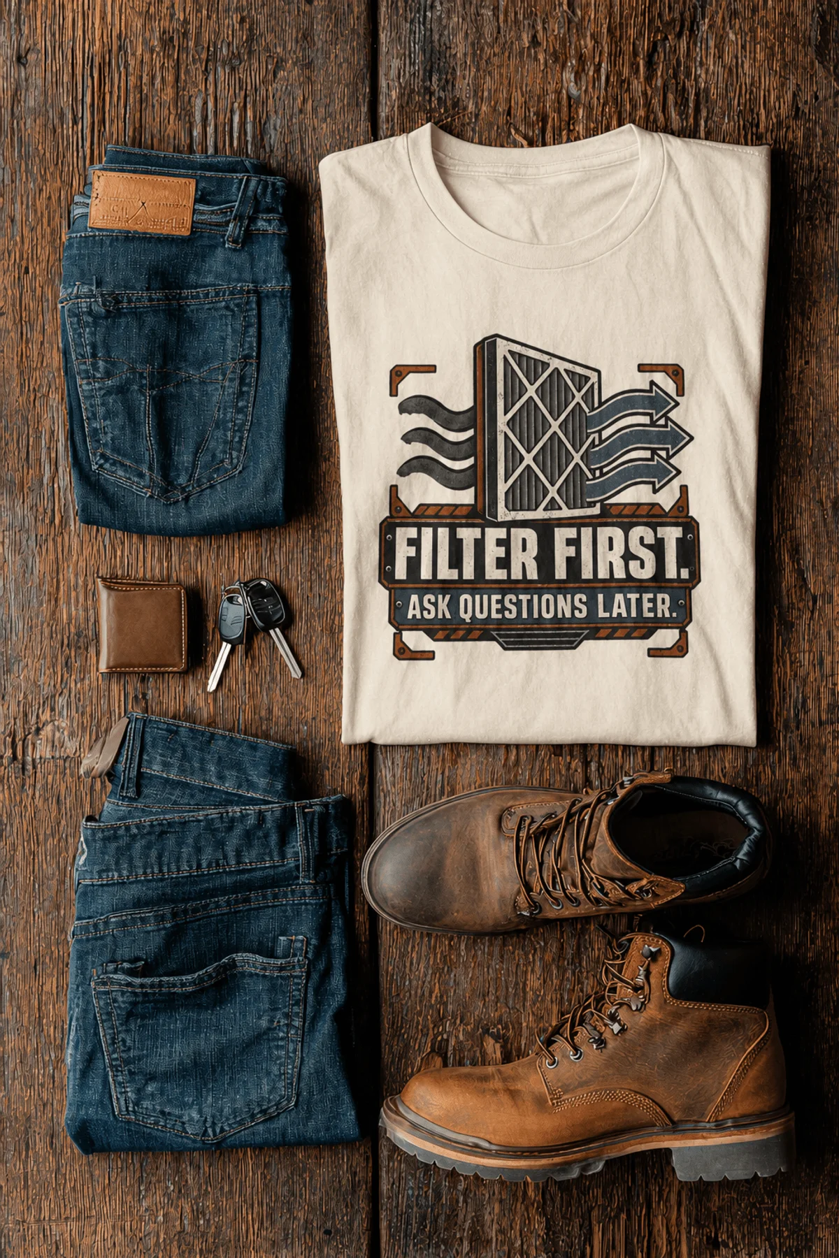 T-Shirt — "Filter First. Ask Questions Later." HVAC Air Filter Graphic — ivory t-shirt, flat-lay product photo | Pressure Tested Co