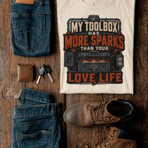 T-Shirt — "My Toolbox Has More Sparks Than Your Love Life" Electrician/Mechanic Workshop Tee — ivory t-shirt, flat-lay product photo | Pressure Tested Co