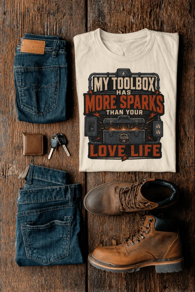 T-Shirt — "My Toolbox Has More Sparks Than Your Love Life" Electrician/Mechanic Workshop Tee — ivory t-shirt, flat-lay product photo | Pressure Tested Co