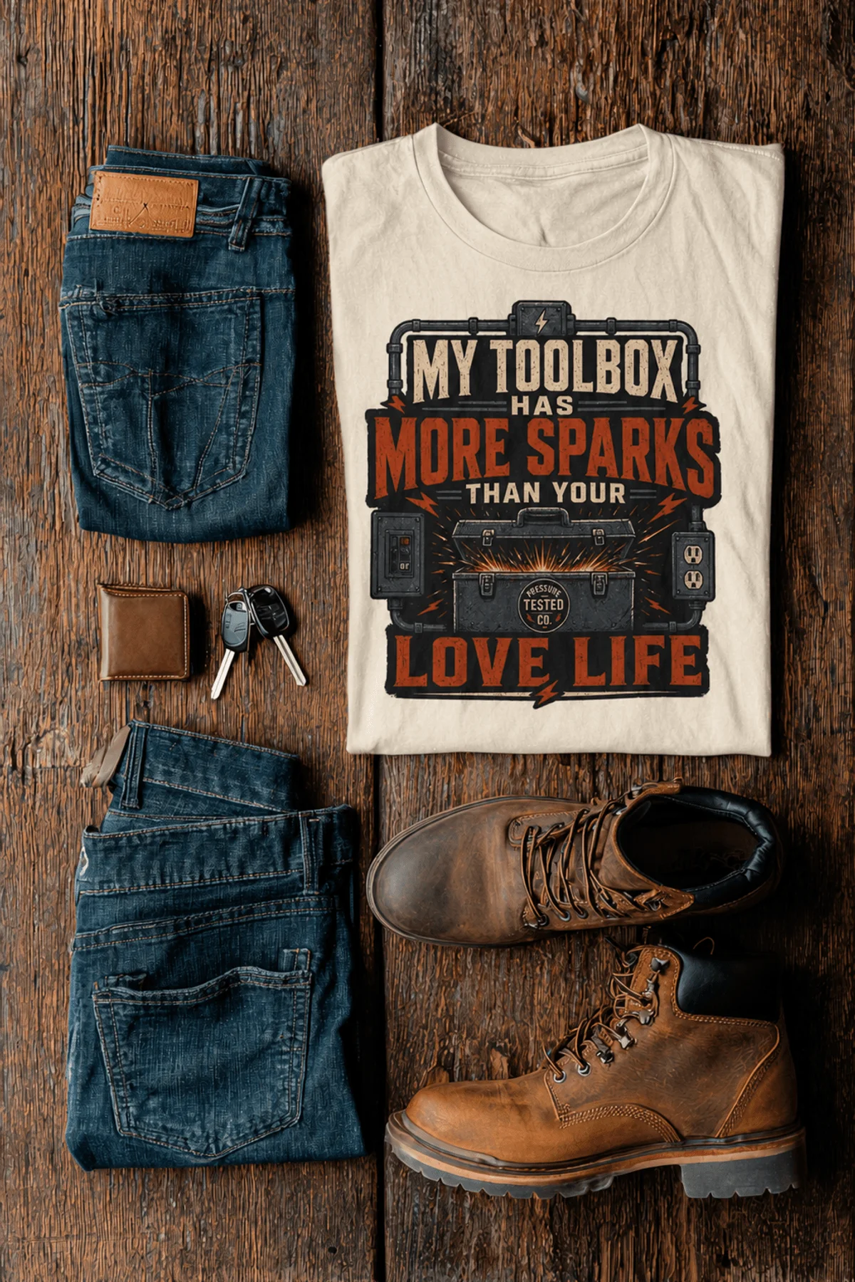 T-Shirt — "My Toolbox Has More Sparks Than Your Love Life" Electrician/Mechanic Workshop Tee — ivory t-shirt, flat-lay product photo | Pressure Tested Co