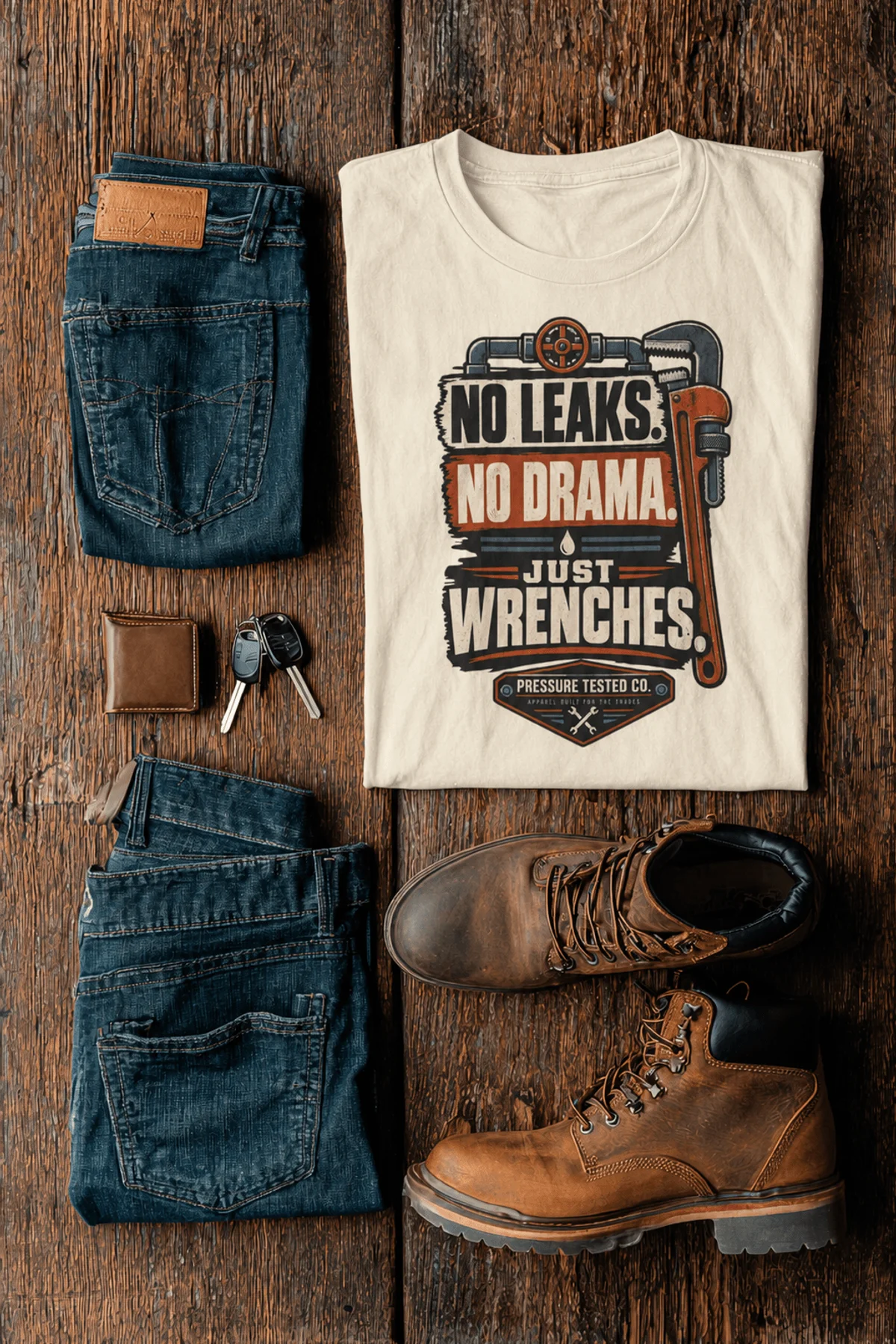 "No Leaks, No Drama, Just Wrenches" Vintage Plumbing Tee — ivory t-shirt, flat-lay product photo | Pressure Tested Co