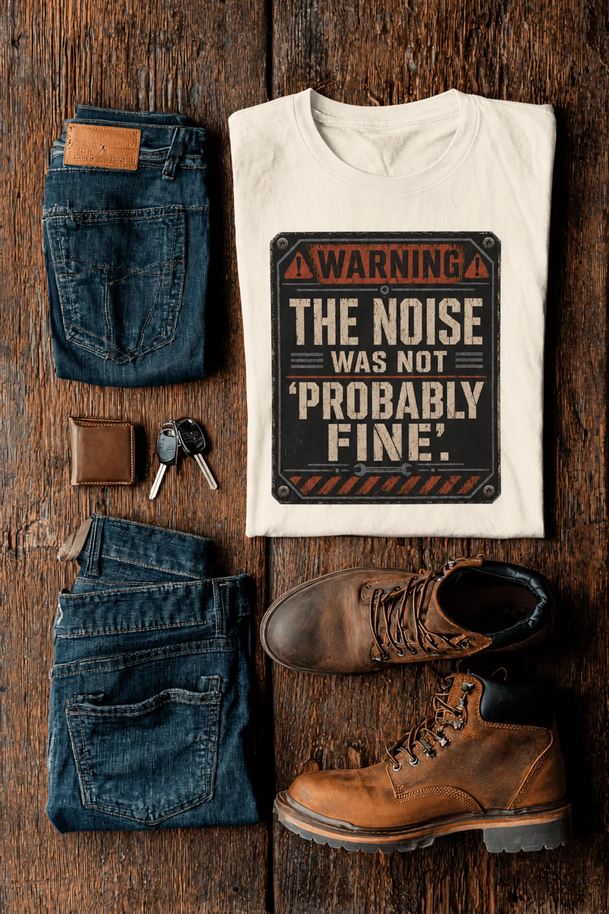 Warning Sign T-Shirt — "The Noise Was Not 'Probably Fine'" Vintage Graphic Tee — ivory t-shirt, flat-lay product photo | Pressure Tested Co