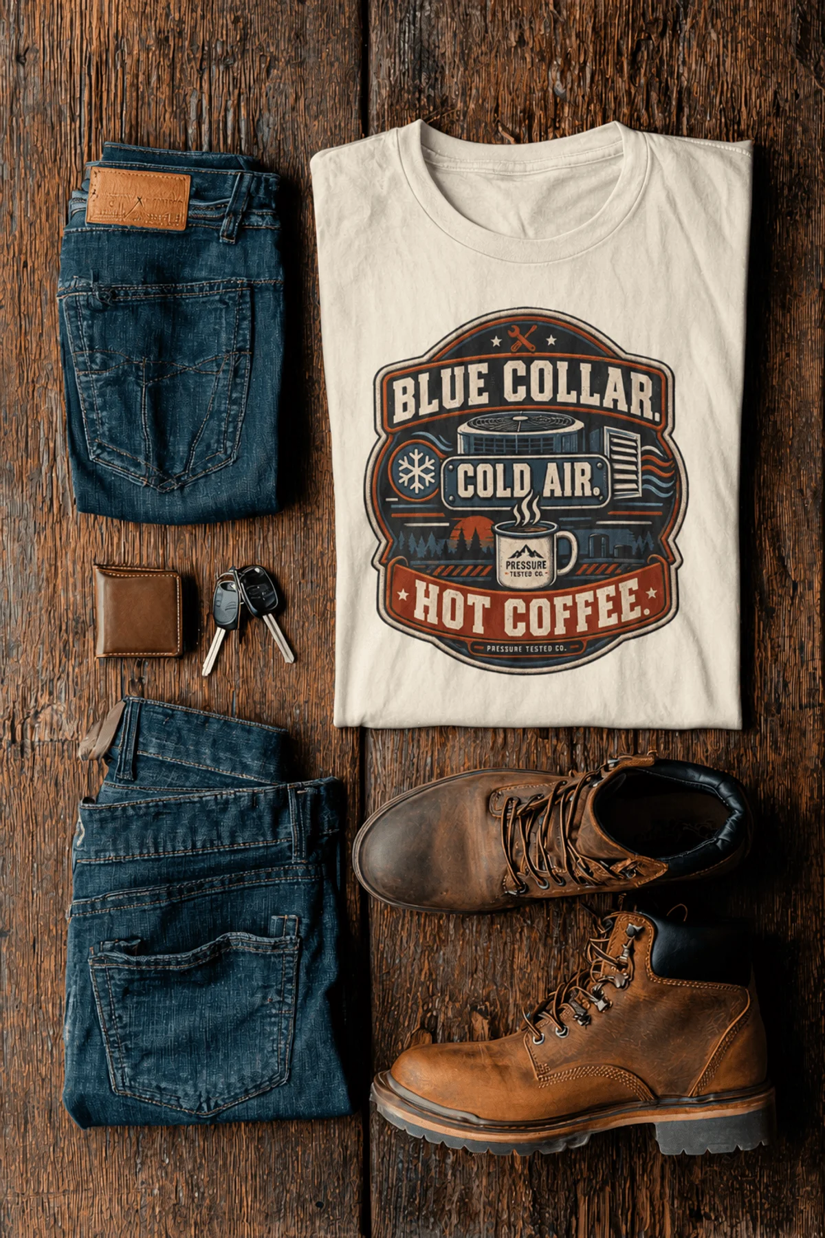 'Blue Collar. Cold Air. Hot Coffee.' T-Shirt — Funny Retro Industrial HVAC Tee — ivory t-shirt, flat-lay product photo | Pressure Tested Co