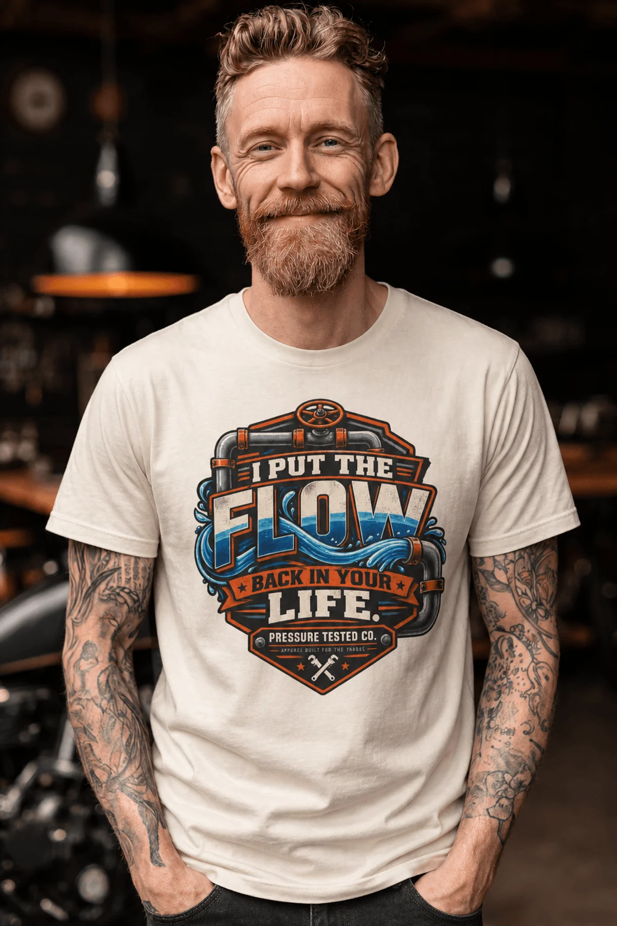 'I Put The Flow Back Into Your Life.' T-Shirt — Funny Retro Industrial Plumber's Tee — ivory t-shirt, model photo | Pressure Tested Co