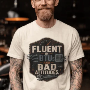 HVAC Tech T‑Shirt – "Fluent In BTUs And Bad Attitudes" — ivory t-shirt, model photo | Pressure Tested Co