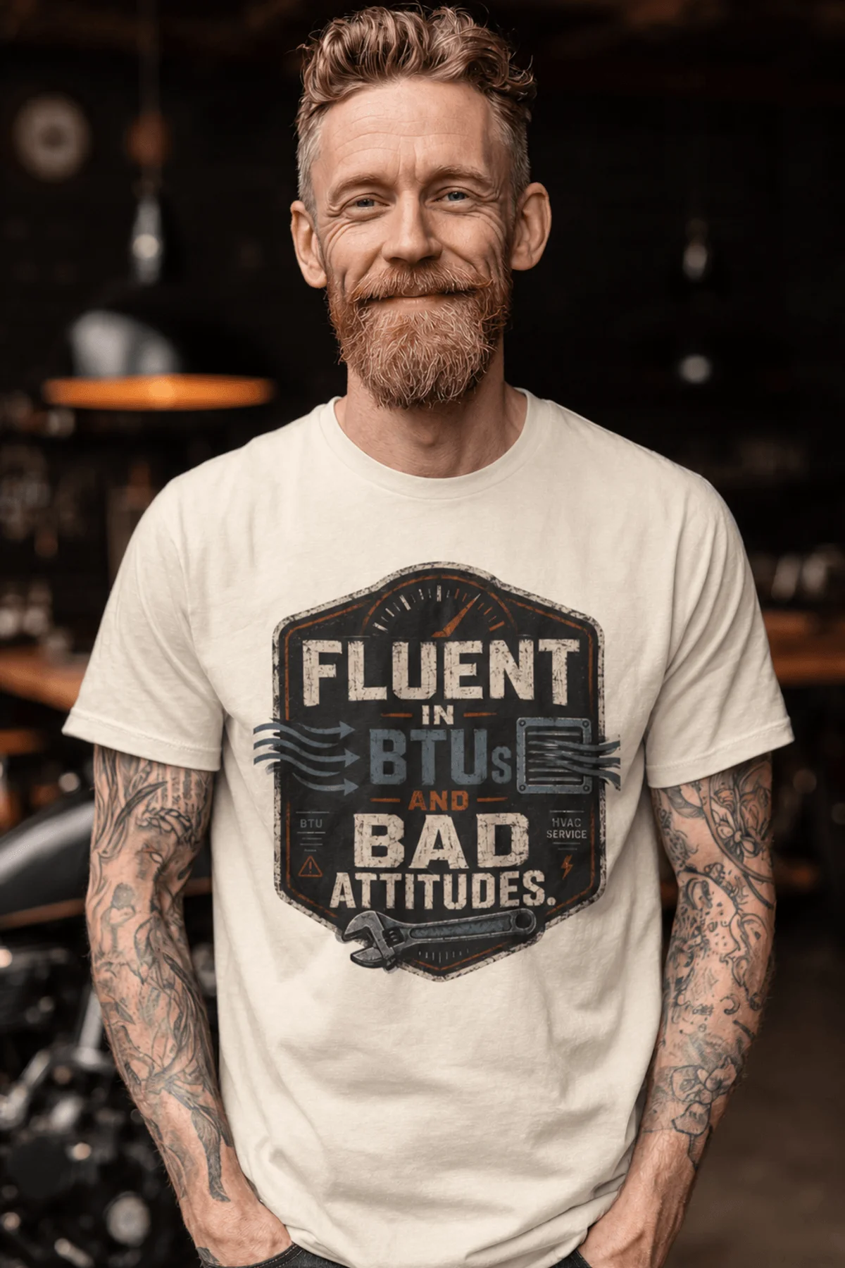 HVAC Tech T‑Shirt – "Fluent In BTUs And Bad Attitudes" — ivory t-shirt, model photo | Pressure Tested Co