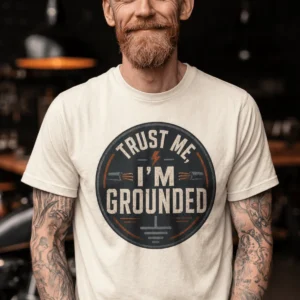 Grounded T‑Shirt – "Trust Me I'm Grounded" Electrical Tech Tee — ivory t-shirt, model photo | Pressure Tested Co