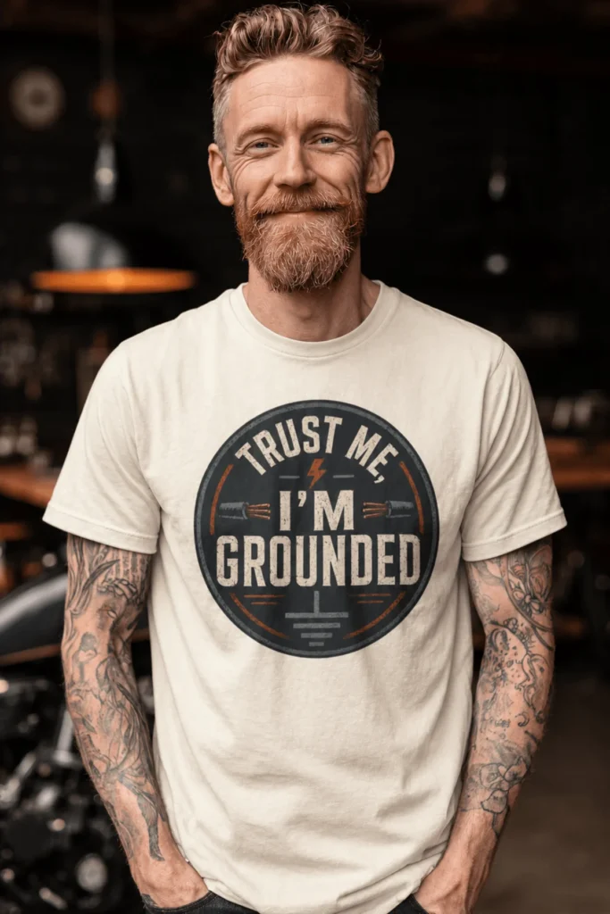 Grounded T‑Shirt – "Trust Me I'm Grounded" Electrical Tech Tee — ivory t-shirt, model photo | Pressure Tested Co