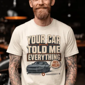 Mechanic T‑Shirt – "Your Car Told Me Everything" Vintage Graphic Design Tee — ivory t-shirt, model photo | Pressure Tested Co