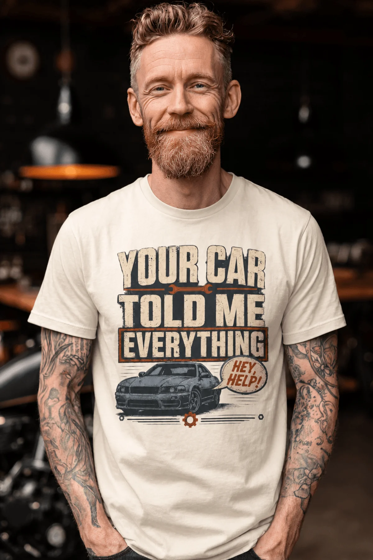 Mechanic T‑Shirt – "Your Car Told Me Everything" Vintage Graphic Design Tee — ivory t-shirt, model photo | Pressure Tested Co