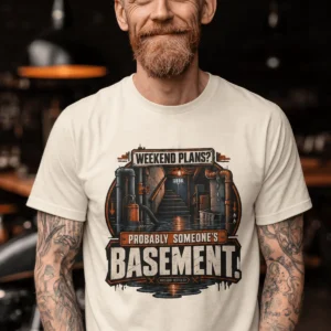 Plumber T‑Shirt – "Weekend Plans? Probably Someone's Basement" Vintage Graphic Design Tee — ivory t-shirt, model photo | Pressure Tested Co
