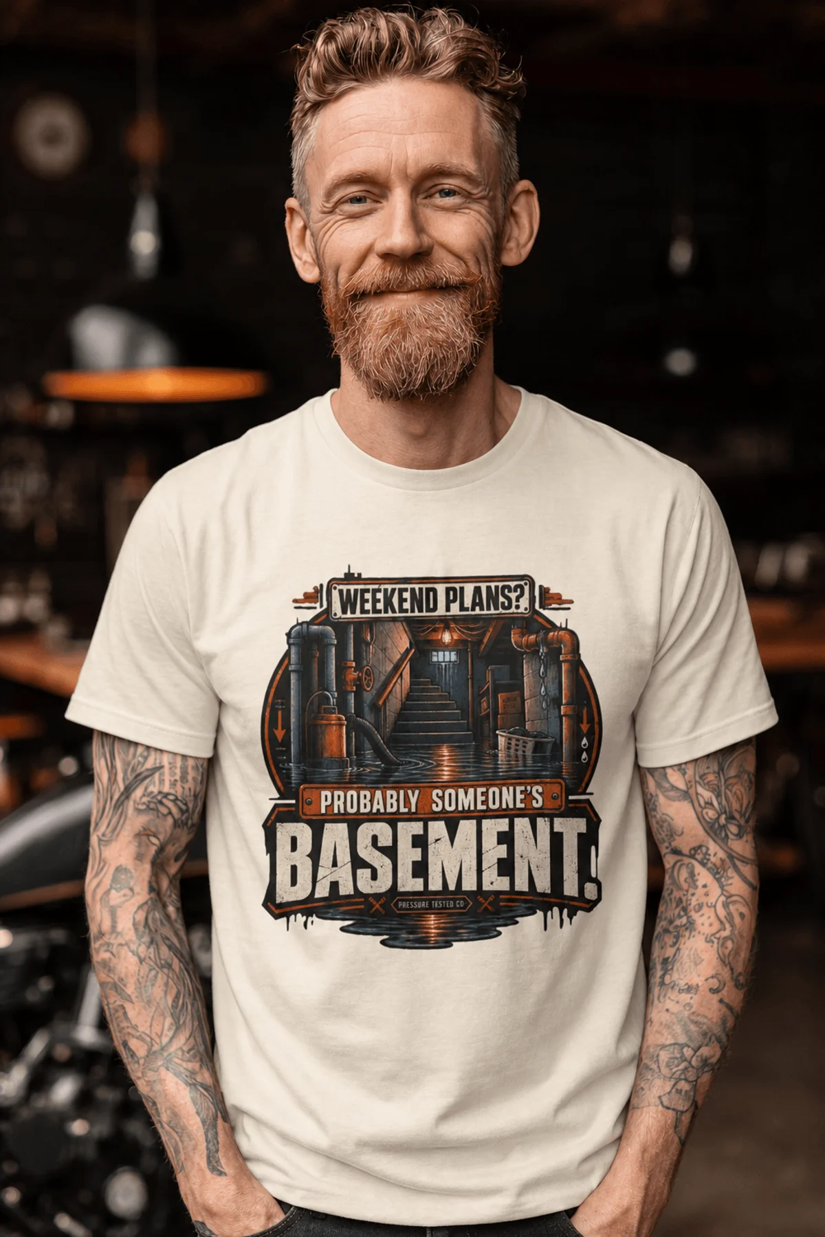 Plumber T‑Shirt – "Weekend Plans? Probably Someone's Basement" Vintage Graphic Design Tee — ivory t-shirt, model photo | Pressure Tested Co